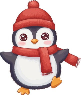 Çizgi film Kawaii Pengueni Kışın kırmızı örgü şapka ve atkı takıyor