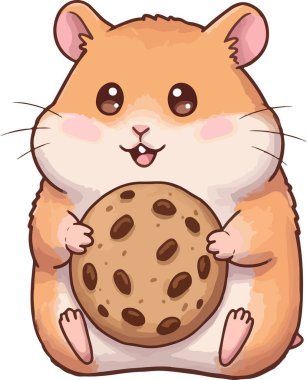 İki eliyle büyük bir kurabiye tutan sevimli kawaii tarzı bir hamster, heyecanlı bir ifade, yumuşak yuvarlak bir vücut, küçük ayaklar ve yumuşak pastel renkler içeriyor. Çekici bir çizgi film tarzında tasarlanmış, bu resim çocuk ürünleri için mükemmel.
