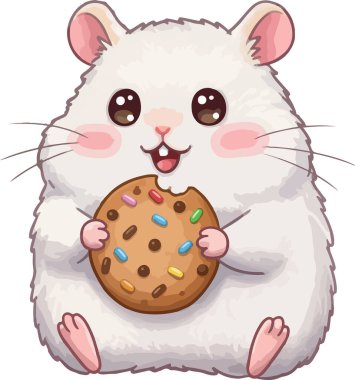 İki eliyle büyük bir kurabiye tutan sevimli kawaii tarzı bir hamster, heyecanlı bir ifade, yumuşak yuvarlak bir vücut, küçük ayaklar ve yumuşak pastel renkler içeriyor. Çekici bir çizgi film tarzında tasarlanmış, bu resim çocuk ürünleri için mükemmel.