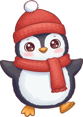 Çizgi film Kawaii Pengueni Kışın kırmızı örgü şapka ve atkı takıyor
