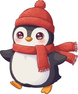 Çizgi film Kawaii Pengueni Kışın kırmızı örgü şapka ve atkı takıyor