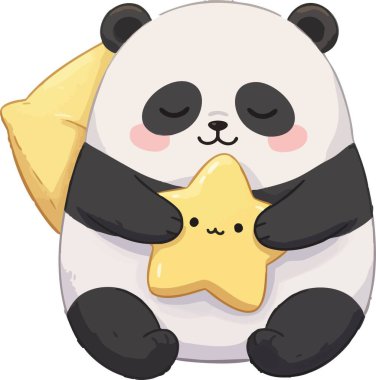 Süper şirin, tombul, kawaii tarzı siyah beyaz kürklü, gözleri kapalı, uykulu bir gülümsemesi olan, yumuşak sarı yıldız şeklinde yastığına sarılan bir panda. Yuvarlak şekillerle dizayn edilmiş ve yıldızlarla serpilmiş yumuşak bir arka plan serpiştirilmiş, bu rahat yatma zamanı temalı illüstrati...