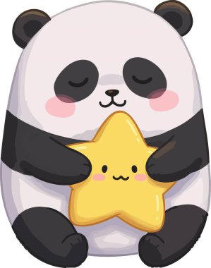 Süper şirin, tombul, kawaii tarzı siyah beyaz kürklü, gözleri kapalı, uykulu bir gülümsemesi olan, yumuşak sarı yıldız şeklinde yastığına sarılan bir panda. Yuvarlak şekillerle dizayn edilmiş ve yıldızlarla serpilmiş yumuşak bir arka plan serpiştirilmiş, bu rahat yatma zamanı temalı illüstrati...