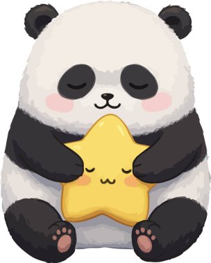 Süper şirin, tombul, kawaii tarzı siyah beyaz kürklü, gözleri kapalı, uykulu bir gülümsemesi olan, yumuşak sarı yıldız şeklinde yastığına sarılan bir panda. Yuvarlak şekillerle dizayn edilmiş ve yıldızlarla serpilmiş yumuşak bir arka plan serpiştirilmiş, bu rahat yatma zamanı temalı illüstrati...