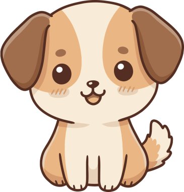 Yumuşak kulakları, sallanan kuyruğu, kızaran yanakları ve oyuncu pozu olan süper sevimli bir kawaii tarzı çizgi film köpeği. Yumuşak kahverengi ve krema renginde, temiz bir vektör tarzıyla tasarlanmış bu sevimli küçük köpeğin karşı konulmaz şirin bir ifadesi var.