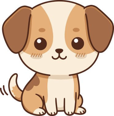 Yumuşak kulakları, sallanan kuyruğu, kızaran yanakları ve oyuncu pozu olan süper sevimli bir kawaii tarzı çizgi film köpeği. Yumuşak kahverengi ve krema renginde, temiz bir vektör tarzıyla tasarlanmış bu sevimli küçük köpeğin karşı konulmaz şirin bir ifadesi var.