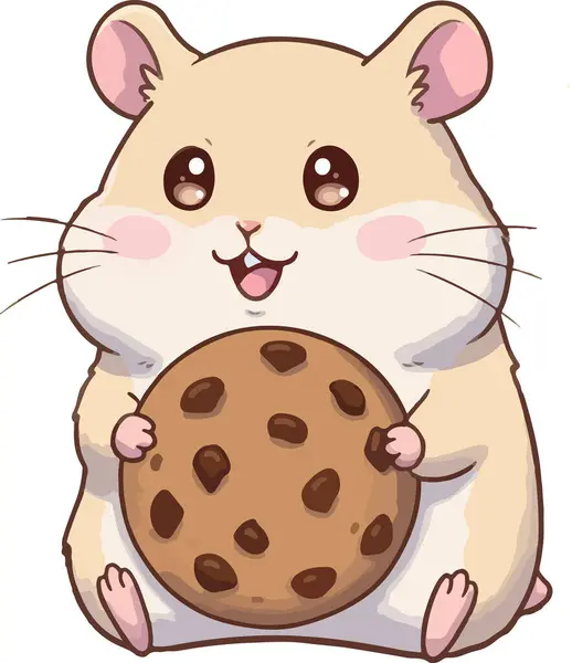 İki eliyle büyük bir kurabiye tutan sevimli kawaii tarzı bir hamster, heyecanlı bir ifade, yumuşak yuvarlak bir vücut, küçük ayaklar ve yumuşak pastel renkler içeriyor. Çekici bir çizgi film tarzında tasarlanmış, bu resim çocuk ürünleri için mükemmel.