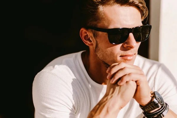 Portrait Brutal Man Sunglasses Watch Outdoors Stylish Man Wearing Casual Royalty Free Stock Photos