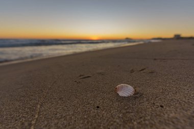 Kumlu, sakin ve pürüzsüz bir plajda güzel bir gün batımı.