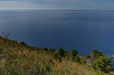 Uçsuz bucaksız yamaçtan sakin denize kadar yemyeşil bitki örtüsü ve ormanla kaplanmış manzara.