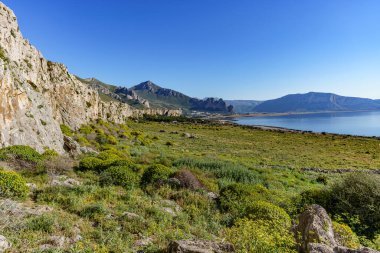 Yoğun bitki örtüsü ve ılık mavi denizin manzarası ile kaplı dağların güzel manzarası..