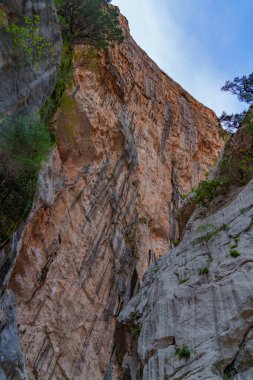 Gorropu Kanyonu 'nun çok yüksek kayalık kıyılarında kısmen kurumuş tabanı görülür.