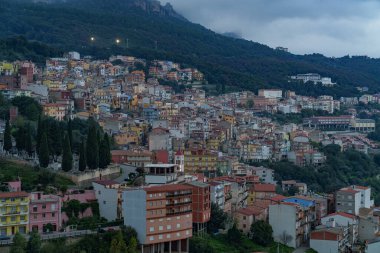 Gökyüzü bulutlu, ormanın ortasında gizlenmiş, çok yoğun inşa edilmiş bir kasabanın manzarası..