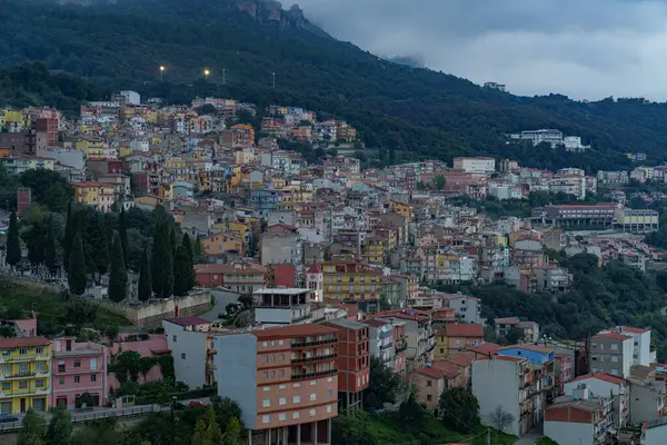 Gökyüzü bulutlu, ormanın ortasında gizlenmiş, çok yoğun inşa edilmiş bir kasabanın manzarası..