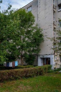 A quiet, leafy courtyard sits at the base of a grey apartment building, with hedges, trees, laundry hanging outside, and a door leading into the block.