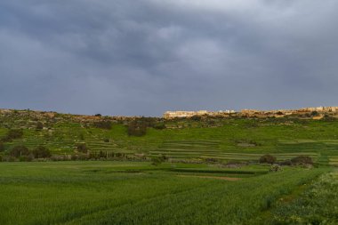 Alacakaranlıkta karamsar bulutların altında yuvarlanan tepeler boyunca yemyeşil tarımsal teraslar uzanır..