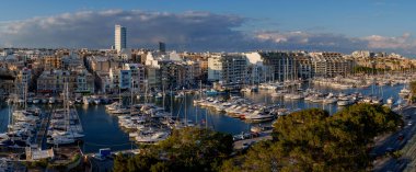 Expansive panoramic view of yacht-filled marina framed by high-rises, residences, trees, and dramatic clouds.