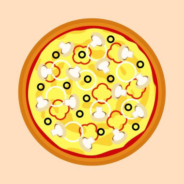 Pizza with mushrooms and onions and peppers and olives