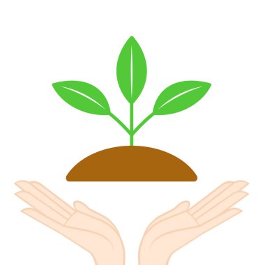 Çevre dostluğu, sürdürülebilirlik ve bitkilerle el ele tutuşmak. Tarım, ekoloji, toprak yaprakları tutan insan elleri. Vektör illüstrasyonu