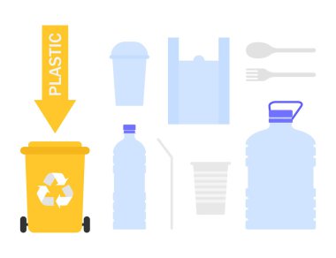 Triyaj konsepti. Plastiği plastik konteynıra ayırıyorum. Vektör illüstrasyonu