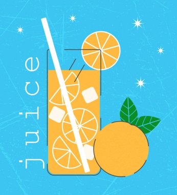 Portakal suyu, buz, meyve suyu, portakal suyu, yeşillik ve meyve suyu. Vektör illüstrasyonu