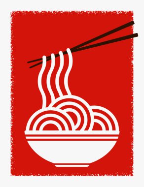 Kırmızı arka plan ve bir kase erişte ve çubuk. Vektör illüstrasyonu