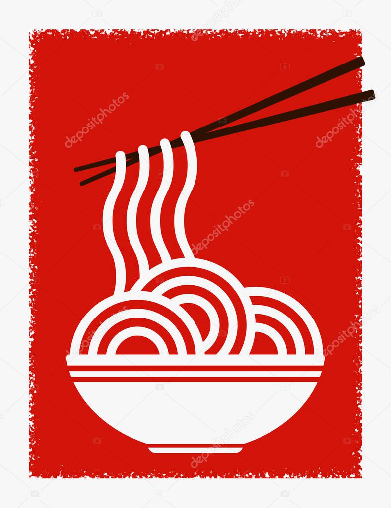 Red background with a bowl of noodles and chopsticks. Vector illustration