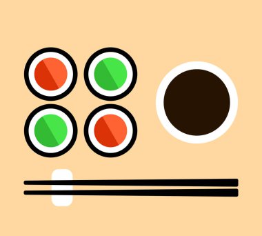 Dört suşi, soya sosu ve yemek çubuğu. Vektör illüstrasyonu