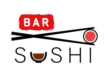 Somon suşi ve suşi çubukları içeren suşi bar logosu..
