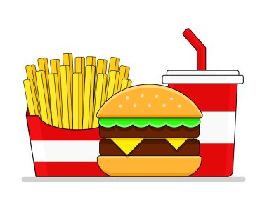 Fast food. Patates kızartması, hamburger ve içecek.