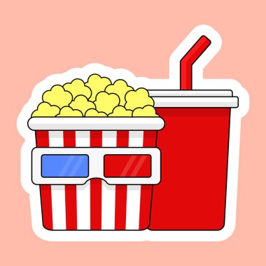 Bir kutu patlamış mısır ve pipetli bir fincan ve film izlemek için gözlük.