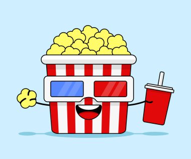 Patlamış mısır kutusu gözlüklü film izliyor, elinde saman ve patlamış mısır tutuyor.