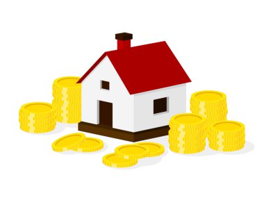Küçük ev ve altın paralar. Gayrimenkul yatırımı, gelir, vergi ve pasif gelir kavramı. Vektör illüstrasyonu