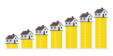 Mini evler ve altın paralar. Gayrimenkul yatırımı, gelir, vergi ve pasif gelir kavramı. Vektör illüstrasyonu
