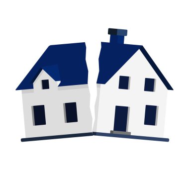 Hasarlı ev. Ev ikiye bölündü. Vektör illüstrasyonu