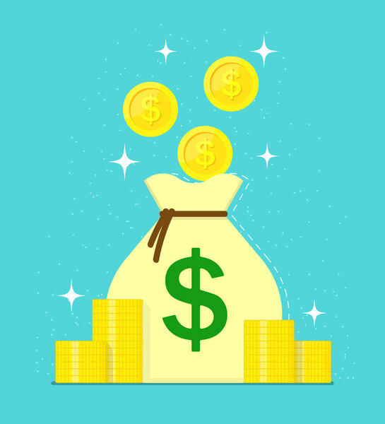 Сумка с долларовыми монетами и золотыми монетами на синем фоне