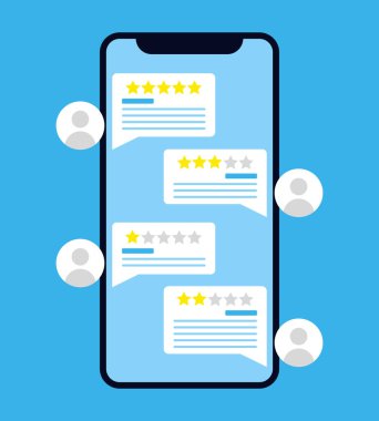 Akıllı telefonunuzdaki reytingleri internetten izleyin. Müşteri değerlendirmeleri. Vektör illüstrasyonu