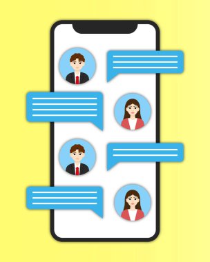 Cep telefonuyla mesajlaşma. Müşteri ve satıcı arasındaki iletişim mesajla sağlanıyor. Vektör illüstrasyonu