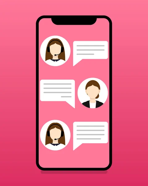 Alıcı ve yönetici arasındaki iletişim mesajlarla sağlanıyor. Cep telefonuyla mesajlaşma. Pembe arka plan. Vektör illüstrasyonu