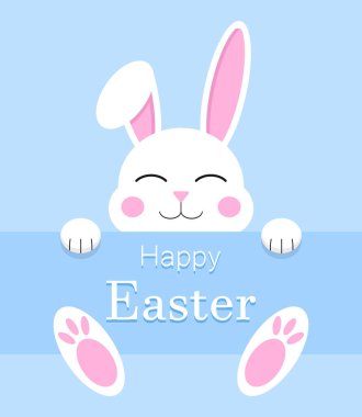 Beyaz utangaç tavşanlı Mavi Paskalya kartı