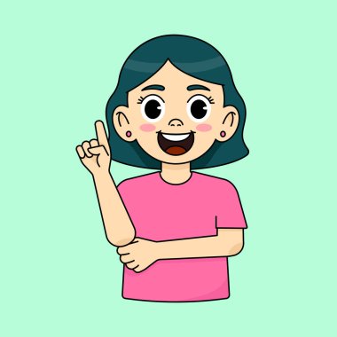 Mutlu gülümseyen kız uzayı işaret ediyor. Vektör illüstrasyonu