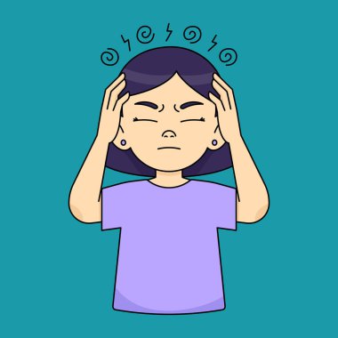 El ele tutuşan, baş ağrısı çeken, acı ve migren yüzünden çaresiz ve stresli bir kız.
