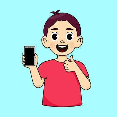 Gülümseyen çocuk boş bir akıllı telefon ekranını tutuyor ve işaret veriyor. Öneriler