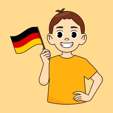 Çocuk Alman bayrağını tutarken gülümsüyor. Dil öğrenme kavramı