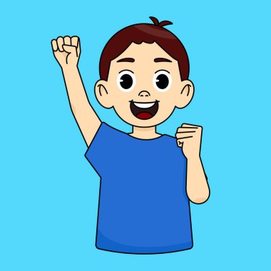 Mutlu çocuk zaferi kutluyor, başarı, yumruk sallıyor, bir el kaldırıyor.