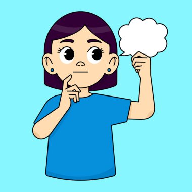 Kız düşünceli bir şekilde beyaz bulutun sağ tarafına bakıyor, beyaz bir bulut tutuyor.