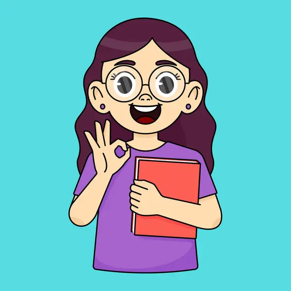 Gözlüklü mutlu bir kız elinde defter ya da kitap tutuyor ve güzel bir jest yapıyor.