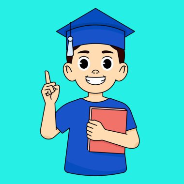 Akademik şapkalı, gülümseyen bir çocuk elinde bir defter tutuyor ve parmağını kaldırıyor.