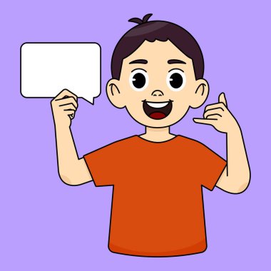 Gülümseyen bir çocuk boş beyaz bir bulut tutuyor ve telefonda jest yapıyor. Ara beni.