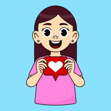 Kız gülümsüyor ve beyaz kalpli kırmızı bir ikonu elinde tutuyor. Mesela...